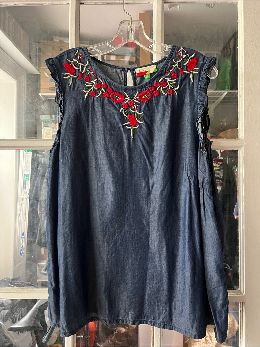ModCloth Navy Chambray Camisole with Red Floral Embroidery